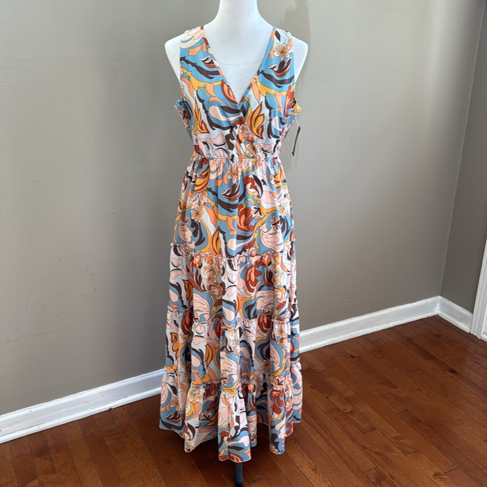 Boston Proper‎ Printed Tiered Midi Multi Color V-Neck Sleeveless Dress Size S - Picture 5 of 12